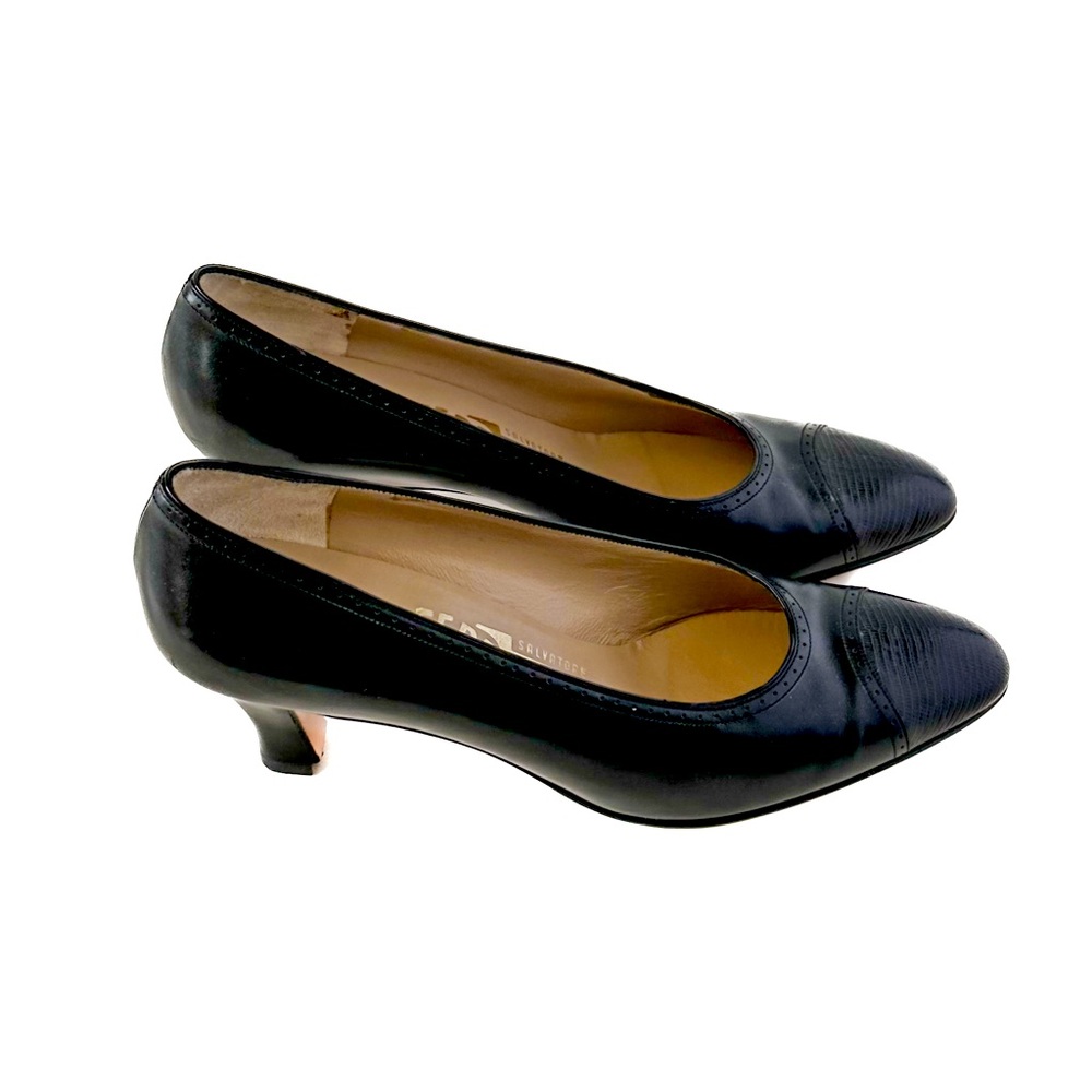 Salvatore Ferragamo Black Heels Lizard Leather Tips Pumps Size 6.5 B